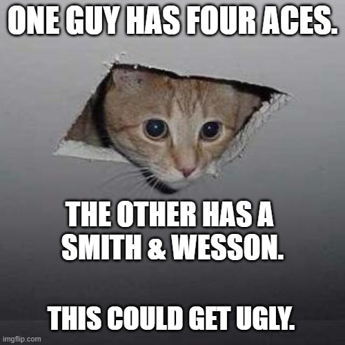 Ceiling Cat | ONE GUY HAS FOUR ACES. THE OTHER HAS A 
SMITH & WESSON. THIS COULD GET UGLY. | image tagged in memes,ceiling cat,four aces,gun | made w/ Imgflip meme maker
