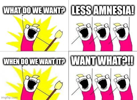 What do we want? Less amnesia! Bad memory meme... can't find the original. | WHAT DO WE WANT? LESS AMNESIA! WANT WHAT?!! WHEN DO WE WANT IT? | image tagged in memes,what do we want,amnesia,dissociative identity disorder,less amnesia,bad memory | made w/ Imgflip meme maker