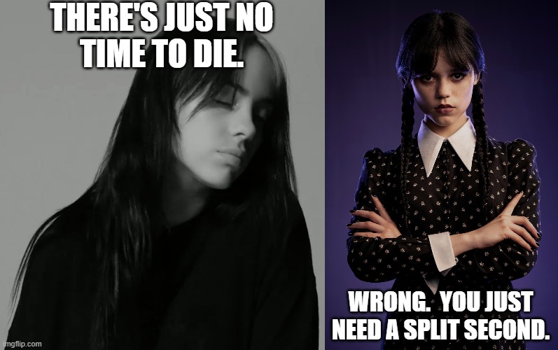 Wednesday Addams disagrees with Billie Eilish | THERE'S JUST NO
TIME TO DIE. WRONG.  YOU JUST NEED A SPLIT SECOND. | image tagged in wednesday addams,jenna ortega,billie eilish,no time to die,disagree,split second | made w/ Imgflip meme maker