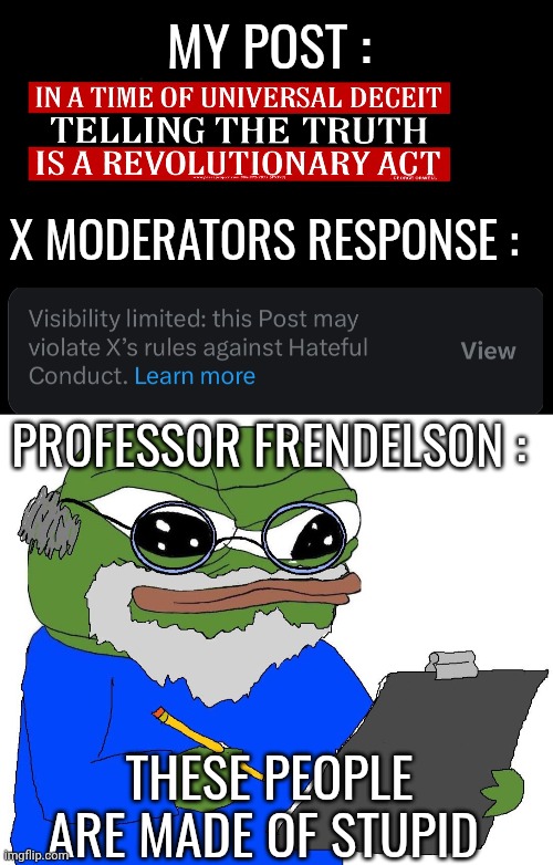 X moderators memes | MY POST :; X MODERATORS RESPONSE :; PROFESSOR FRENDELSON :; THESE PEOPLE ARE MADE OF STUPID | image tagged in the truth | made w/ Imgflip meme maker