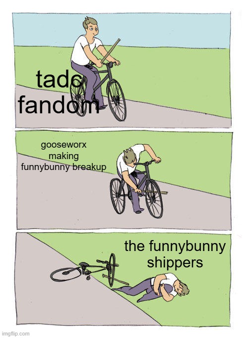 Bike Fall | tadc fandom; gooseworx making funnybunny breakup; the funnybunny shippers | image tagged in memes,bike fall | made w/ Imgflip meme maker