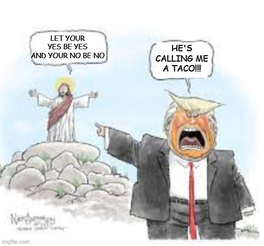 Cartoon trump hates Jesus | LET YOUR YES BE YES AND YOUR NO BE NO HE'S CALLING ME A TACO!!! | image tagged in cartoon trump hates jesus | made w/ Imgflip meme maker