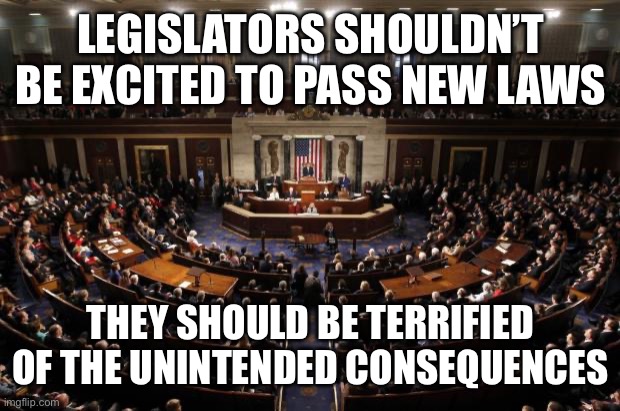 congress | LEGISLATORS SHOULDN’T BE EXCITED TO PASS NEW LAWS; THEY SHOULD BE TERRIFIED OF THE UNINTENDED CONSEQUENCES | image tagged in congress | made w/ Imgflip meme maker
