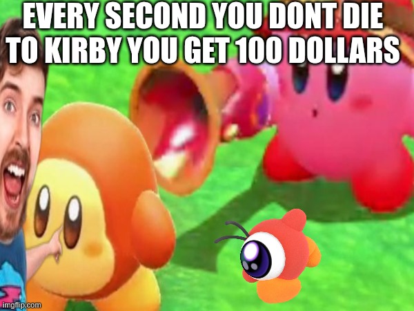 dont die to kirby | EVERY SECOND YOU DONT DIE TO KIRBY YOU GET 100 DOLLARS | image tagged in kirby,mr beast,waddle dee,waddle doo | made w/ Imgflip meme maker
