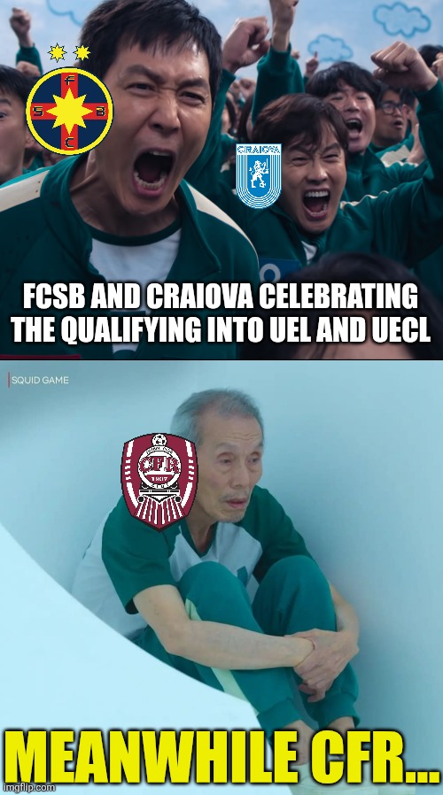 Good luck to FCSB in Europa League and UCV in Conference League, Hard luck CFR Cluj | FCSB AND CRAIOVA CELEBRATING THE QUALIFYING INTO UEL AND UECL; MEANWHILE CFR... | image tagged in squid game cheer,squid game old men,fcsb,cfr cluj,craiova,europa league | made w/ Imgflip meme maker