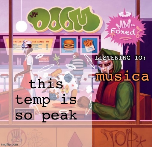 foxed MM FOOD temp | this temp is so peak; musica | image tagged in foxed mm food temp | made w/ Imgflip meme maker