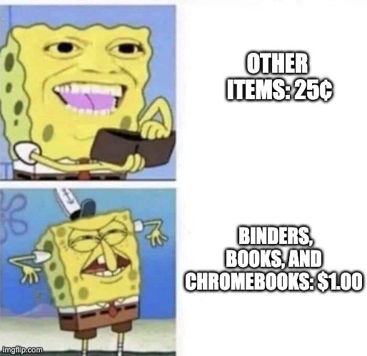 lost and found | OTHER 
ITEMS: 25¢; BINDERS, BOOKS, AND CHROMEBOOKS: $1.00 | image tagged in spongebob wallet | made w/ Imgflip meme maker
