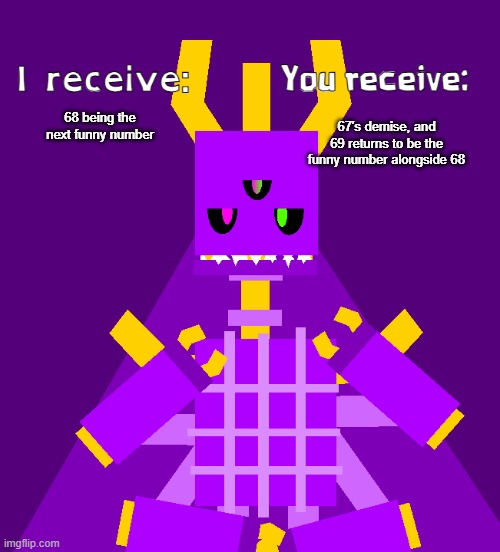 I recieve | 68 being the next funny number 67's demise, and 69 returns to be the funny number alongside 68 | image tagged in i recieve | made w/ Imgflip meme maker