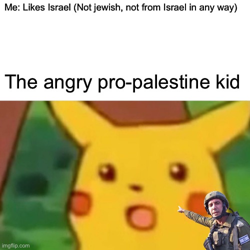 I was about to get jumped at school literally because I said Israel is good | Me: Likes Israel (Not jewish, not from Israel in any way); The angry pro-palestine kid | image tagged in memes,surprised pikachu | made w/ Imgflip meme maker