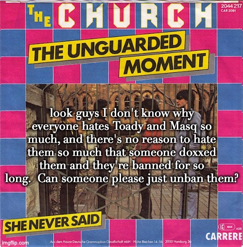 The Unguarded Moment/She Never Said | look guys I don't know why everyone hates Toady and Masq so much, and there's no reason to hate them so much that someone doxxed them and they're banned for so long.  Can someone please just unban them? | image tagged in the unguarded moment/she never said | made w/ Imgflip meme maker