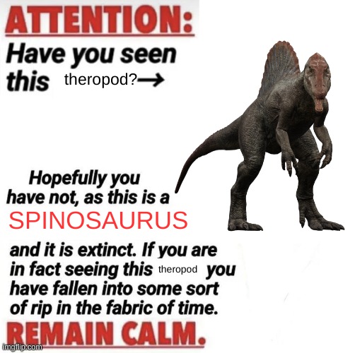 Spinosaurus | theropod? SPINOSAURUS; theropod | image tagged in attention have you seen this name,spinosaurus,idk | made w/ Imgflip meme maker