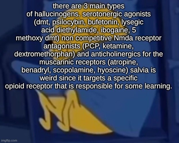 im jaking it | there are 3 main types of hallucinogens. serotonergic agonists (dmt, psilocybin, bufetonin, lysegic acid diethylamide, ibogaine, 5 methoxy dmt) non competitive Nmda receptor antagonists (PCP, ketamine, dextromethorphan) and anticholinergics for the muscarinic receptors (atropine, benadryl, scopolamine, hyoscine) salvia is weird since it targets a specific opioid receptor that is responsible for some learning. | image tagged in im jaking it | made w/ Imgflip meme maker