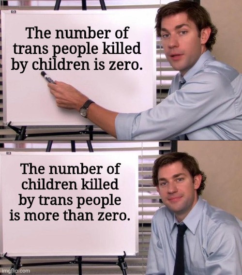 The children are the victims. | The number of trans people killed by children is zero. The number of children killed by trans people is more than zero. | image tagged in jim halpert explains | made w/ Imgflip meme maker