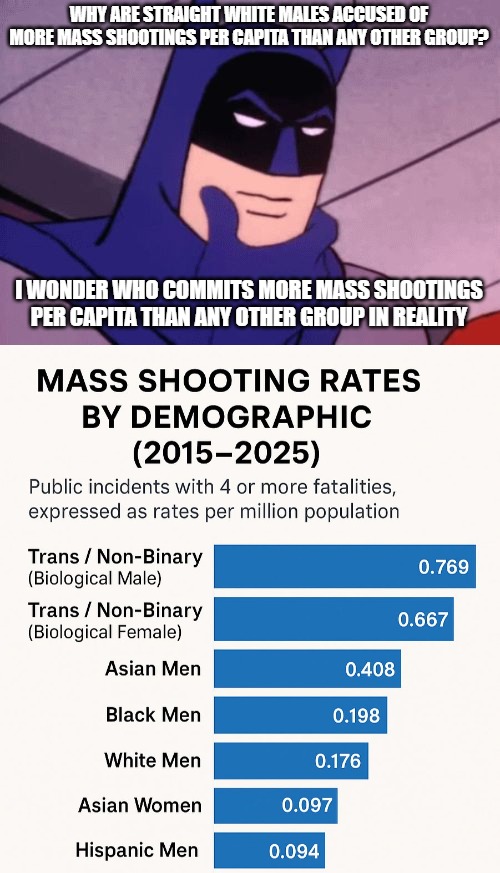 Why are people lying about this? Could it be anti-whitism? Racism and bigotry comes in all forms. | WHY ARE STRAIGHT WHITE MALES ACCUSED OF MORE MASS SHOOTINGS PER CAPITA THAN ANY OTHER GROUP? I WONDER WHO COMMITS MORE MASS SHOOTINGS PER CAPITA THAN ANY OTHER GROUP IN REALITY | image tagged in batman pondering,trans,non binary,mass shootings | made w/ Imgflip meme maker