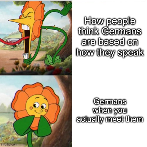 We can confirm this,right? | How people think Germans are based on how they speak; Germans when you actually meet them | image tagged in cuphead flower | made w/ Imgflip meme maker