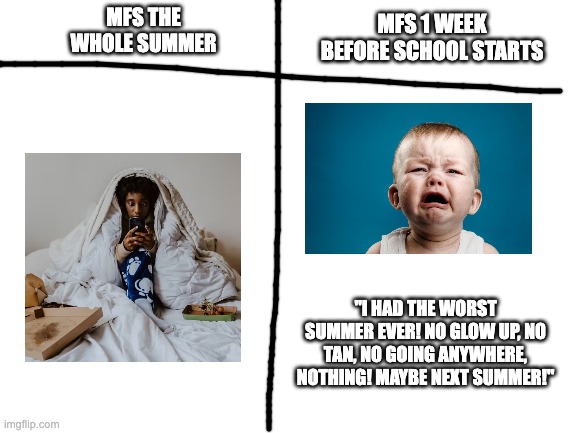 and there's people out her complaining about why summer 25 was "buns" | MFS 1 WEEK BEFORE SCHOOL STARTS; MFS THE WHOLE SUMMER; "I HAD THE WORST SUMMER EVER! NO GLOW UP, NO TAN, NO GOING ANYWHERE, NOTHING! MAYBE NEXT SUMMER!" | image tagged in blank white template,memes,funny,summer,school,relatable | made w/ Imgflip meme maker