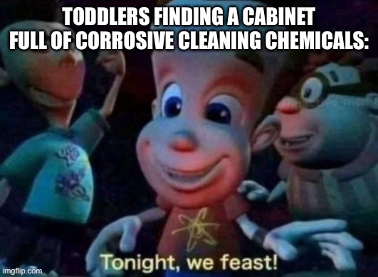 I get the feeling child safety lids don’t really work. | TODDLERS FINDING A CABINET FULL OF CORROSIVE CLEANING CHEMICALS: | image tagged in tonight we feast | made w/ Imgflip meme maker