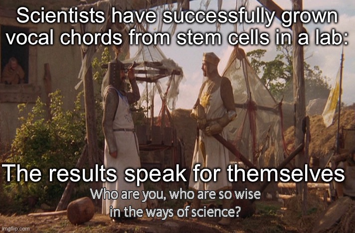 Stem cell voices | Scientists have successfully grown vocal chords from stem cells in a lab:; The results speak for themselves | image tagged in who are you so wise in the ways of science,voice,vocaloid,cells | made w/ Imgflip meme maker