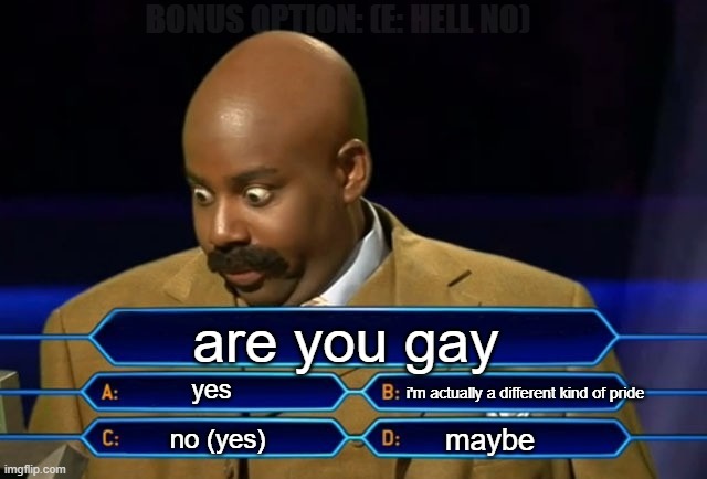 it's not that hard of a question | BONUS OPTION: (E: HELL NO); are you gay; yes; i'm actually a different kind of pride; maybe; no (yes) | image tagged in who wants to be a millionaire,gay,pride | made w/ Imgflip meme maker