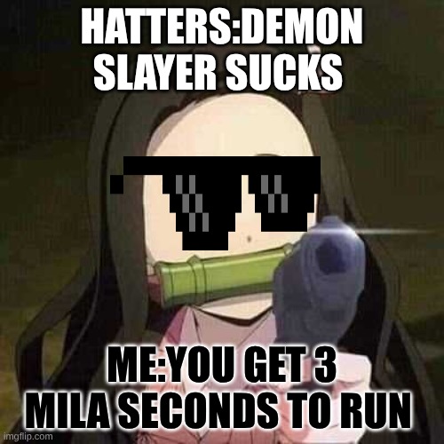 NEZUKO NOOOOO | HATTERS:DEMON SLAYER SUCKS; ME:YOU GET 3 MILA SECONDS TO RUN | image tagged in nezuko nooooo | made w/ Imgflip meme maker