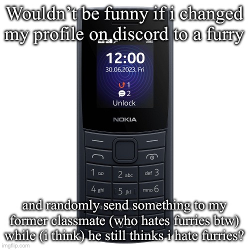 nokia 110 4g | Wouldn’t be funny if i changed my profile on discord to a furry; and randomly send something to my former classmate (who hates furries btw) while (i think) he still thinks i hate furries? | image tagged in nokia 110 4g | made w/ Imgflip meme maker