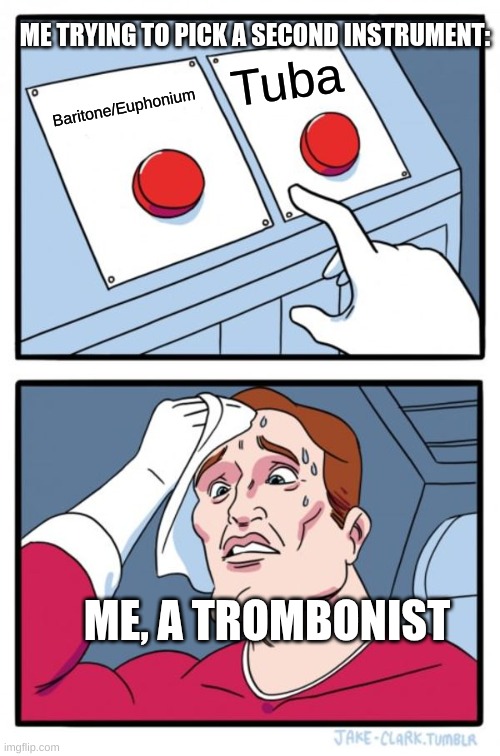 What instrument do you play? | ME TRYING TO PICK A SECOND INSTRUMENT:; Tuba; Baritone/Euphonium; ME, A TROMBONIST | image tagged in memes,two buttons | made w/ Imgflip meme maker