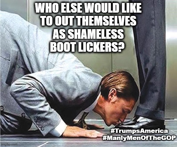 WHO ELSE WOULD LIKE 
TO OUT THEMSELVES 
AS SHAMELESS 
BOOT LICKERS? #TrumpsAmerica
#ManlyMenOfTheGOP | made w/ Imgflip meme maker