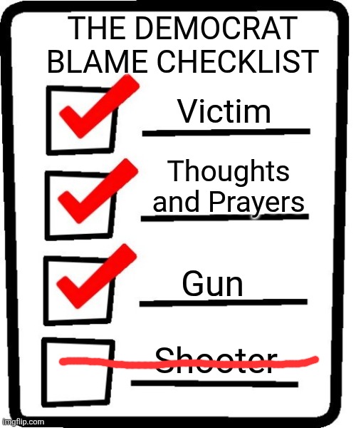 Minneapolis Shooting really highlighting the crazy far left | THE DEMOCRAT BLAME CHECKLIST; Victim; Thoughts and Prayers; Gun; Shooter | image tagged in long checklist,democrats,liberals,liberal logic | made w/ Imgflip meme maker
