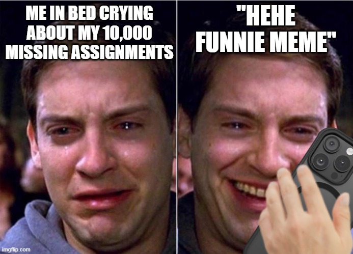 *five hours later* | "HEHE FUNNIE MEME"; ME IN BED CRYING ABOUT MY 10,000 MISSING ASSIGNMENTS | image tagged in peter parker sad cry happy cry,spiderman,phone,memes,missing,assignment | made w/ Imgflip meme maker