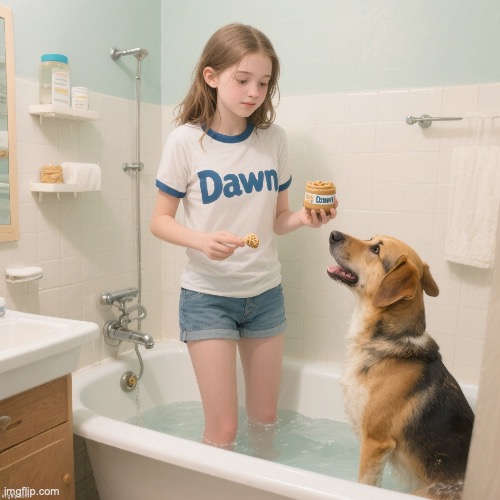 Dawn playing with her dog in the bathtub | image tagged in dawn playing with her dog in the bathtub | made w/ Imgflip meme maker