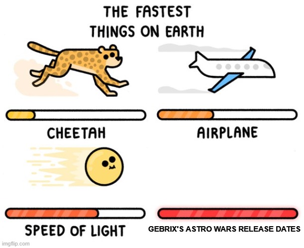 5/10 ragebait | GEBRIX'S ASTRO WARS RELEASE DATES | image tagged in fastest thing possible | made w/ Imgflip meme maker