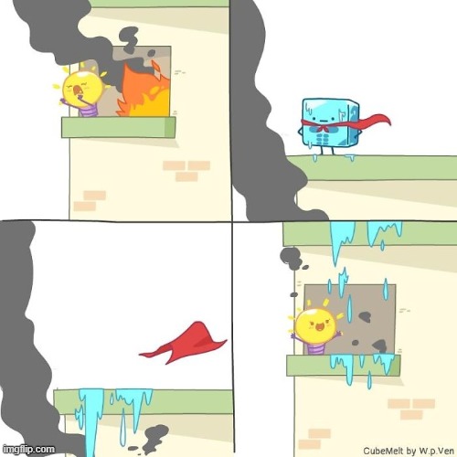 image tagged in light bulb,fire,ice cube,superhero,melting,water | made w/ Imgflip meme maker