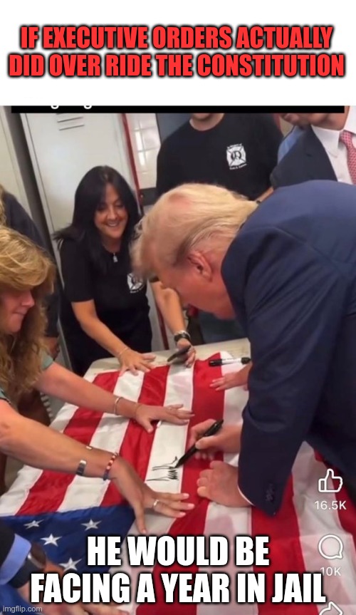 Flag Desecration | IF EXECUTIVE ORDERS ACTUALLY DID OVER RIDE THE CONSTITUTION; HE WOULD BE FACING A YEAR IN JAIL | image tagged in trump,gop,maga,nazis,fascists,flag desecration | made w/ Imgflip meme maker
