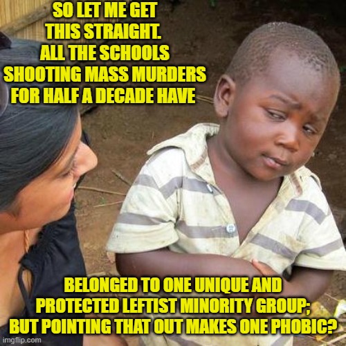 I sense leftist B.S.  How about you? | SO LET ME GET THIS STRAIGHT.  ALL THE SCHOOLS SHOOTING MASS MURDERS FOR HALF A DECADE HAVE; BELONGED TO ONE UNIQUE AND PROTECTED LEFTIST MINORITY GROUP; BUT POINTING THAT OUT MAKES ONE PHOBIC? | image tagged in third world skeptical kid | made w/ Imgflip meme maker