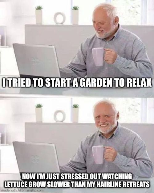 Hide the Pain Harold | I TRIED TO START A GARDEN TO RELAX; NOW I’M JUST STRESSED OUT WATCHING LETTUCE GROW SLOWER THAN MY HAIRLINE RETREATS | image tagged in memes,hide the pain harold | made w/ Imgflip meme maker