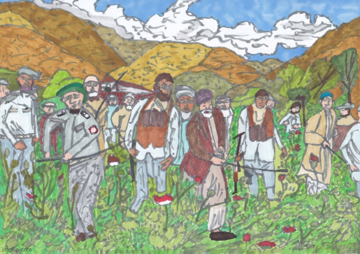 -In the fields of crops of evil itself. | image tagged in foreign policy,heroin henry,war on drugs,afghanistan,give me the plant,i like ya cut g | made w/ Imgflip meme maker