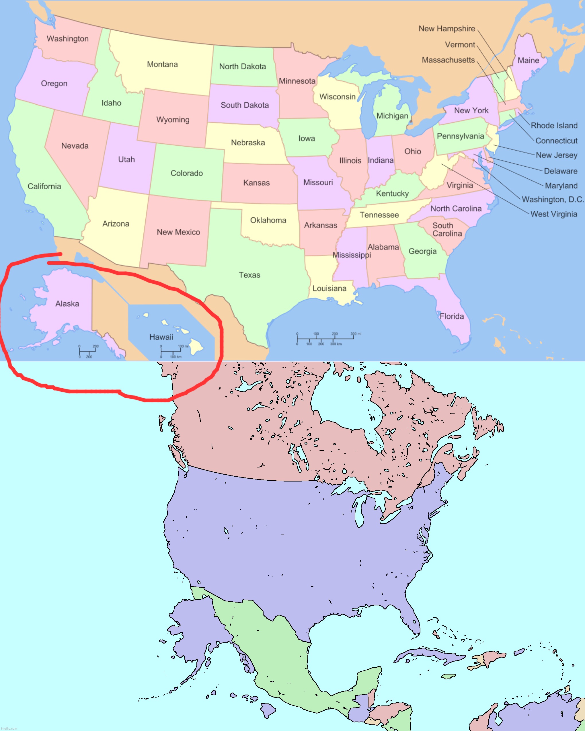 image tagged in usa map,what if alaska and hawaii were actually southwest of the usa | made w/ Imgflip meme maker