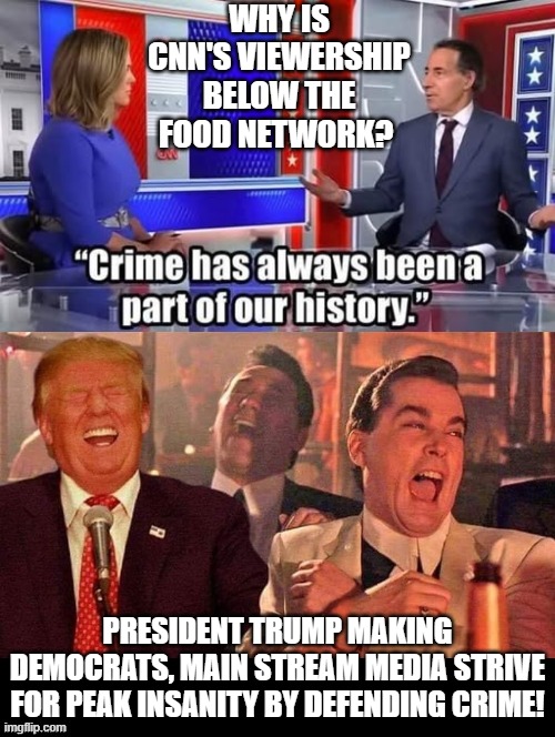 Democrats striving for peak insanity! | WHY IS CNN'S VIEWERSHIP BELOW THE FOOD NETWORK? PRESIDENT TRUMP MAKING DEMOCRATS, MAIN STREAM MEDIA STRIVE FOR PEAK INSANITY BY DEFENDING CRIME! | image tagged in insanity | made w/ Imgflip meme maker