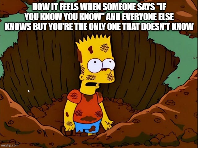 Oppressed Homer | HOW IT FEELS WHEN SOMEONE SAYS "IF YOU KNOW YOU KNOW" AND EVERYONE ELSE KNOWS BUT YOU'RE THE ONLY ONE THAT DOESN'T KNOW | image tagged in oppressed homer | made w/ Imgflip meme maker