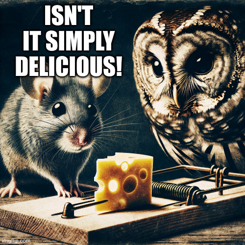 mouse considers cheese in mousetrap as owl looks on | ISN'T IT SIMPLY DELICIOUS! | image tagged in mouse considers cheese in mousetrap as owl looks on | made w/ Imgflip meme maker
