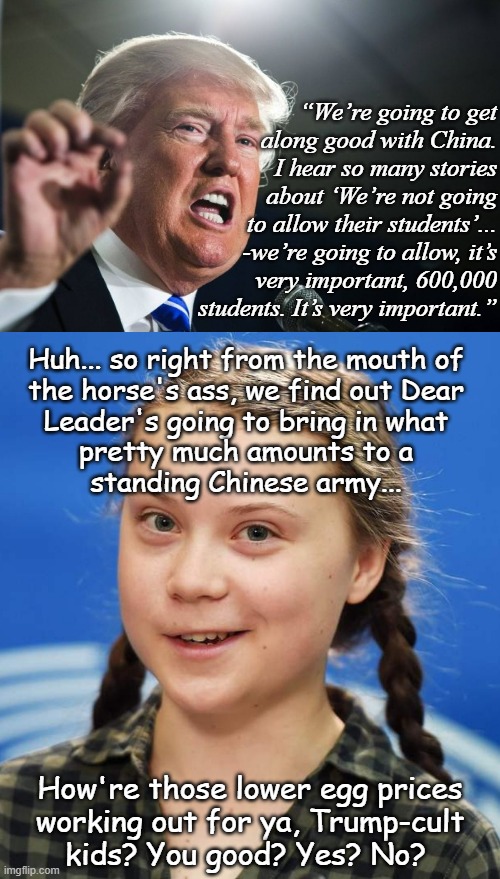 "Oops." *OR* "Laissez les FAFO rouler." | “We’re going to get
along good with China.
I hear so many stories
about ‘We’re not going
to allow their students’...
-we’re going to allow, it’s
very important, 600,000
students. It’s very important.”; Huh... so right from the mouth of
the horse's ass, we find out Dear
Leader's going to bring in what
pretty much amounts to a
standing Chinese army... How're those lower egg prices
working out for ya, Trump-cult
kids? You good? Yes? No? | image tagged in donald trump,made in china,trump unfit unqualified dangerous,fafo | made w/ Imgflip meme maker