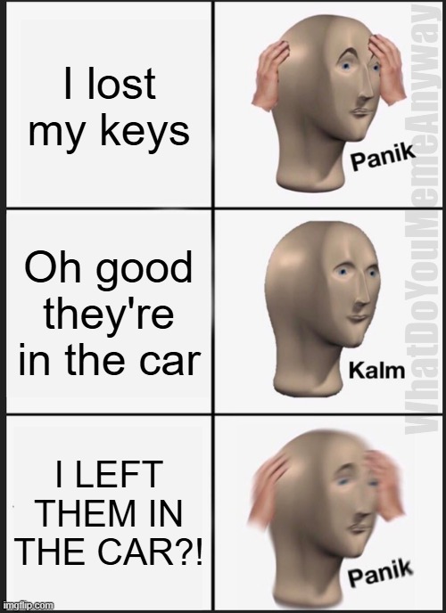 Not sure if I should laugh or cry sometimes | I lost my keys; WhatDoYouMemeAnyway; Oh good they're in the car; I LEFT THEM IN THE CAR?! | image tagged in memes,panik kalm panik | made w/ Imgflip meme maker