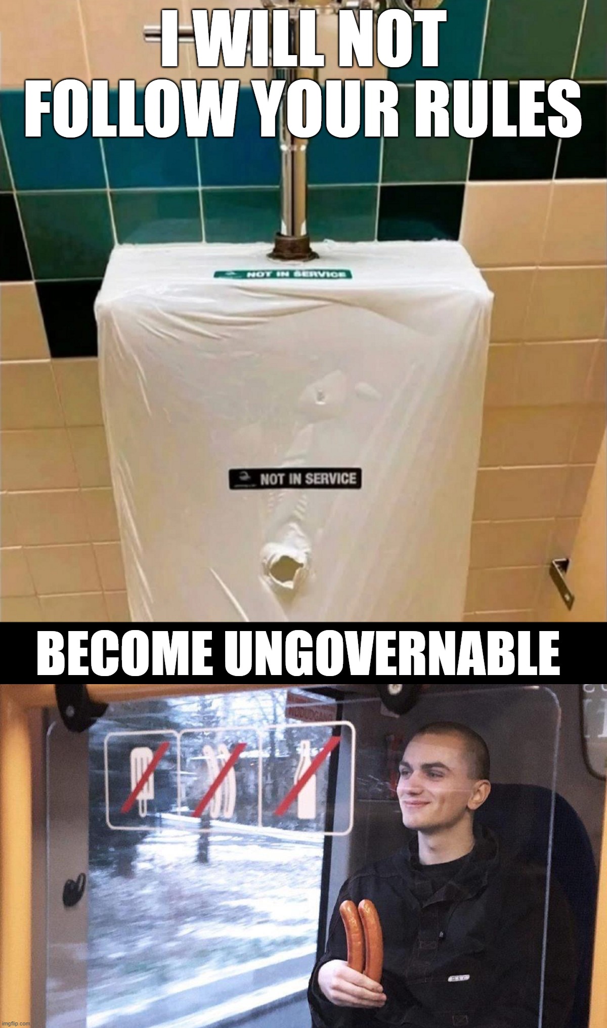 I WILL NOT FOLLOW YOUR RULES; BECOME UNGOVERNABLE | image tagged in become ungovernable | made w/ Imgflip meme maker