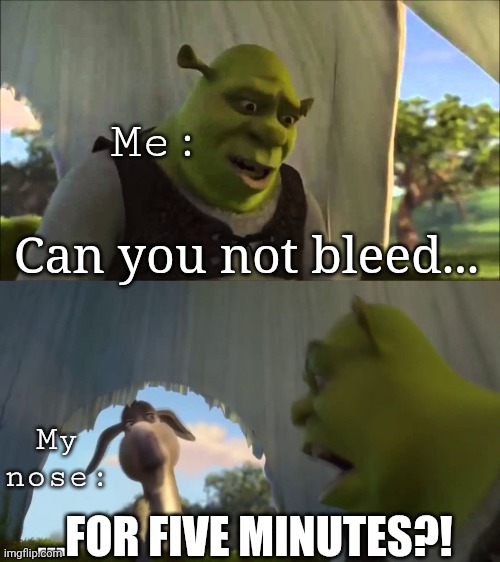 My nose randomly for no reason: | Me:; Can you not bleed... My nose:; ...FOR FIVE MINUTES?! | image tagged in shrek five minutes | made w/ Imgflip meme maker