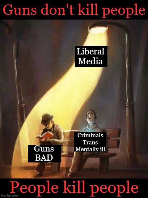 Blame the person BEHIND the gun | Guns don't kill people; Liberal
Media; Criminals
Trans
Mentally ill; Guns
BAD; People kill people | image tagged in guns,without guns the criminals rule,violence,criminals,mental illness,media bias | made w/ Imgflip meme maker