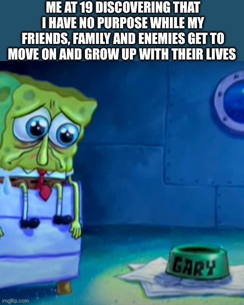 Gary Come Home | ME AT 19 DISCOVERING THAT I HAVE NO PURPOSE WHILE MY FRIENDS, FAMILY AND ENEMIES GET TO MOVE ON AND GROW UP WITH THEIR LIVES | image tagged in gary come home | made w/ Imgflip meme maker