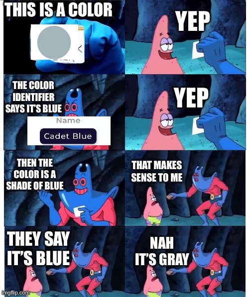 patrick not my wallet | THIS IS A COLOR; YEP; THE COLOR IDENTIFIER SAYS IT’S BLUE; YEP; THEN THE COLOR IS A SHADE OF BLUE; THAT MAKES SENSE TO ME; THEY SAY IT’S BLUE; NAH IT’S GRAY | image tagged in patrick not my wallet | made w/ Imgflip meme maker
