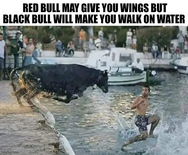 Red Bull May Give You Wings But Black Bull Will Make You Walk On Water | RED BULL MAY GIVE YOU WINGS BUT BLACK BULL WILL MAKE YOU WALK ON WATER | image tagged in chris joines | made w/ Imgflip meme maker