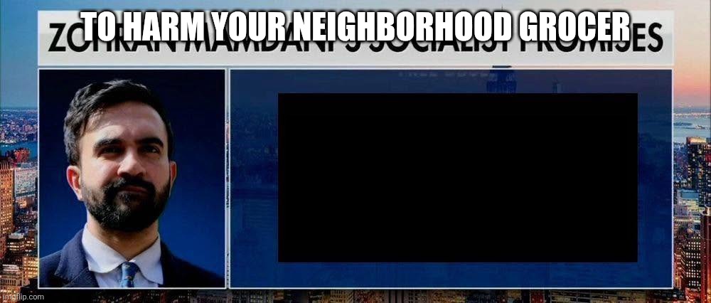 TO HARM YOUR NEIGHBORHOOD GROCER | image tagged in zohran mamdani socialist promises | made w/ Imgflip meme maker
