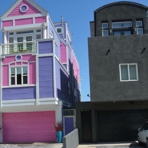 pink house and goth house | image tagged in pink house and goth house | made w/ Imgflip meme maker